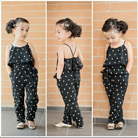 Sleeveless Polka Dot Strap Girls Jumpsuit Sets