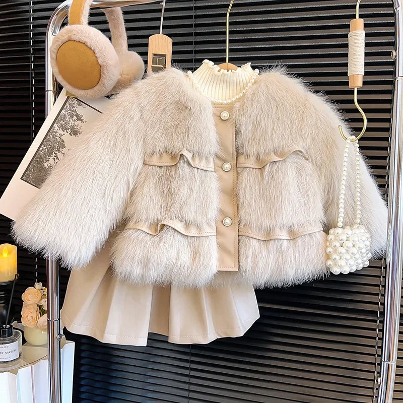 Winter Girls Clothing Sets Autumn Knitted Pullover+Faux Fur Vest +plush Leather Skirt Princess Party Children Clothes Suits 2-7Y