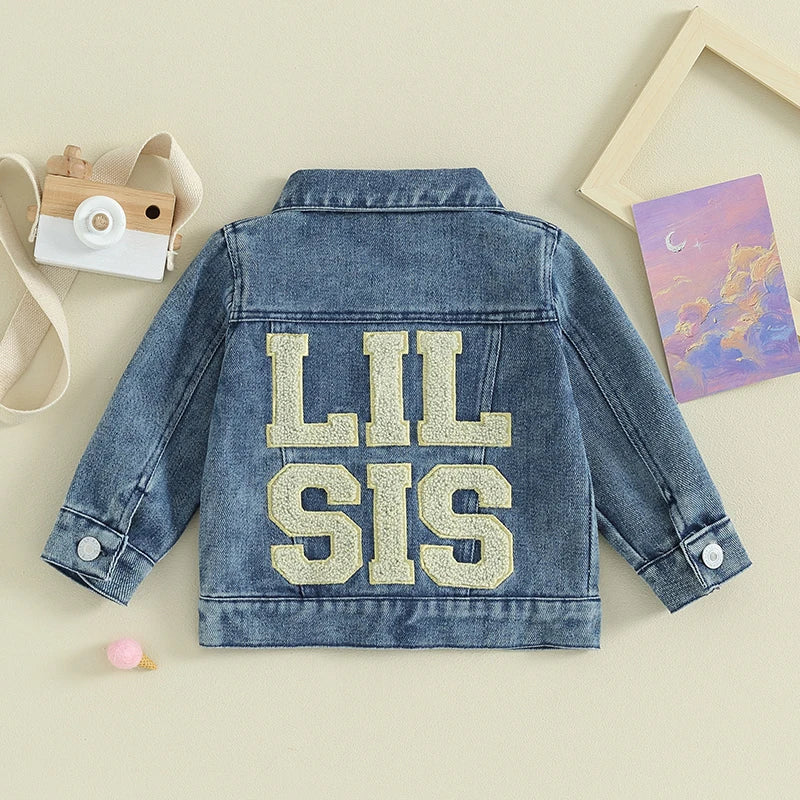 FOCUSNORM 0-5Y Toddler Kids Girls Sister Denim Jacket Outwear Long Sleeve Back Letter Embroidery Single Breasted Coats