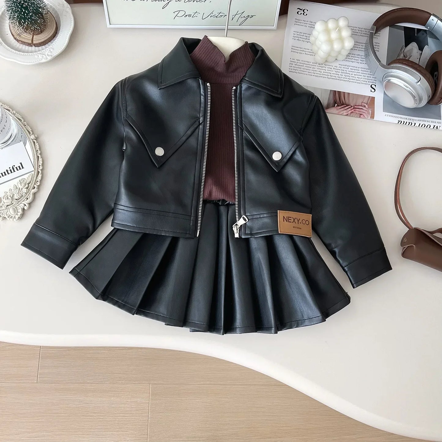 Two-piece Set for Girls Handsome Lapel Solid Leather Top + Solid Leather Pleated Skirt  Kids Clothes Girls  Toddler Girl Clothes