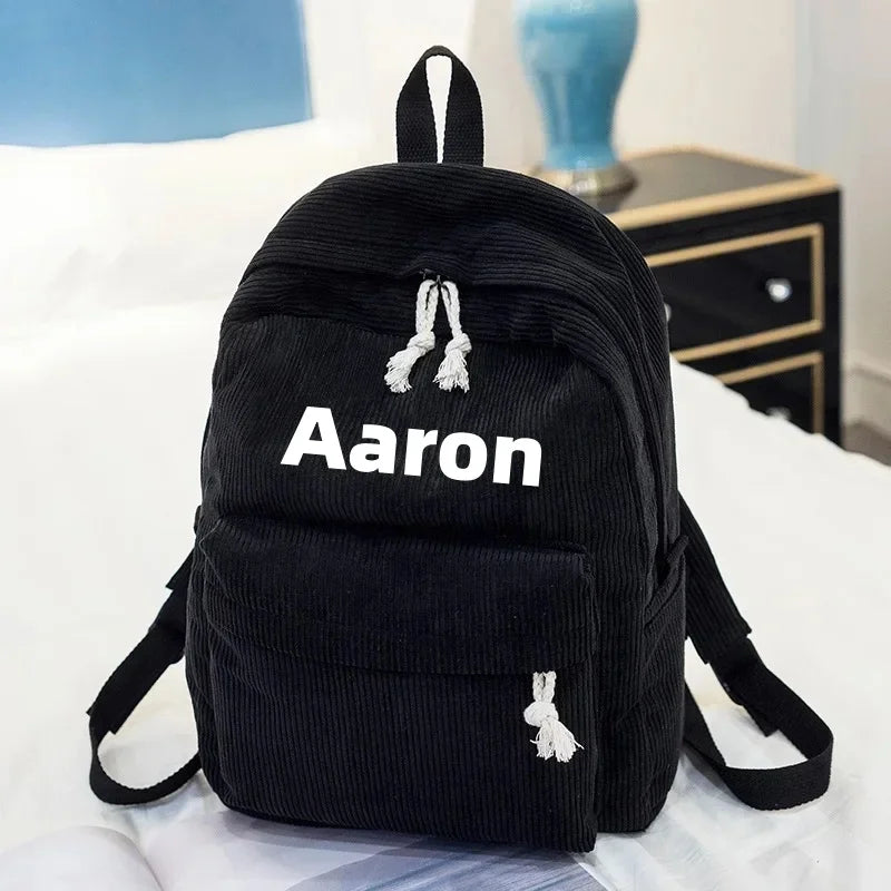 Personalised Corduroy Knapsack Custom Your Name Casual Backpack Unisex Classic Campus Portable Ultra Soft Handbag