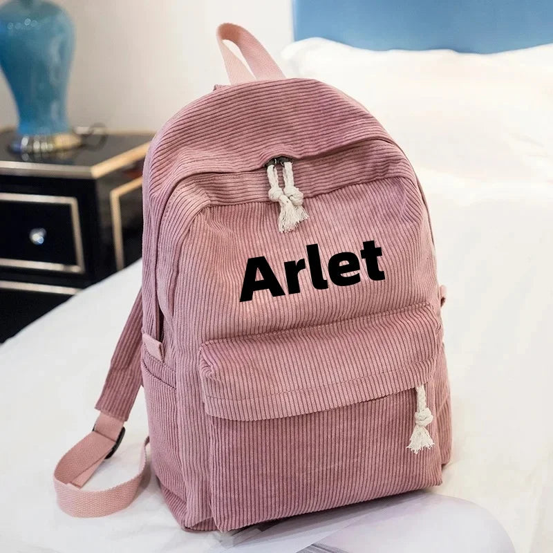 Personalised Corduroy Knapsack Custom Your Name Casual Backpack Unisex Classic Campus Portable Ultra Soft Handbag