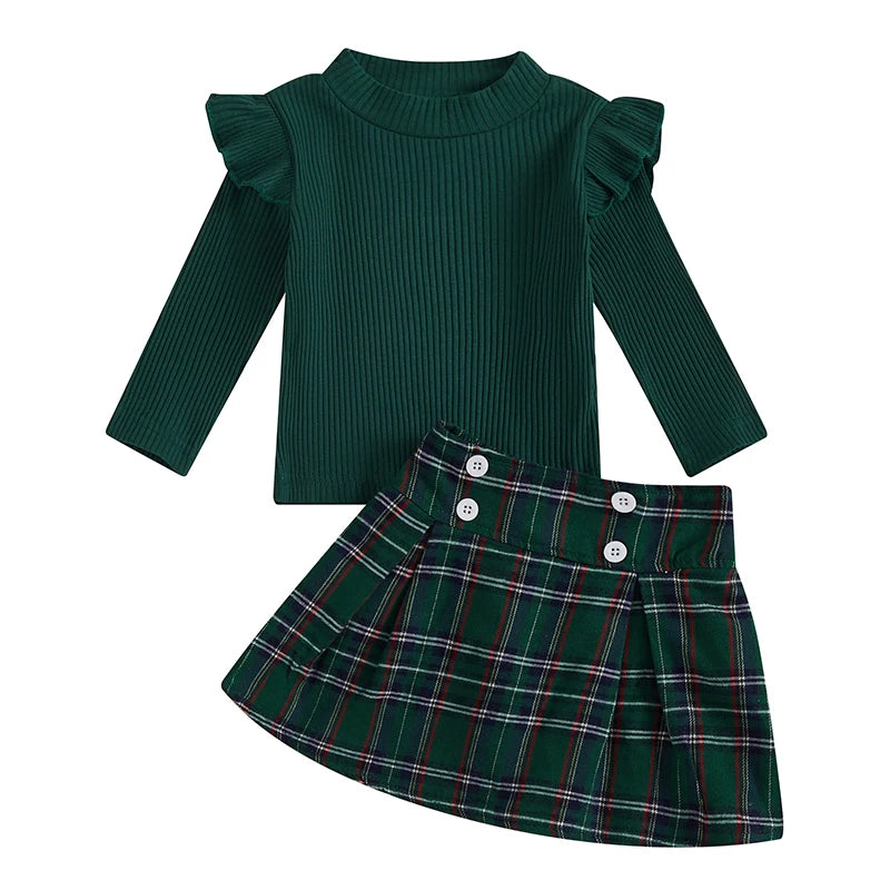 Autumn New Girl Fashion Clothes Set 2Pieces Suit Solid Ribbed Long Sleeve Shirt and Plaid Skirt Kids Sets Girls Clothes