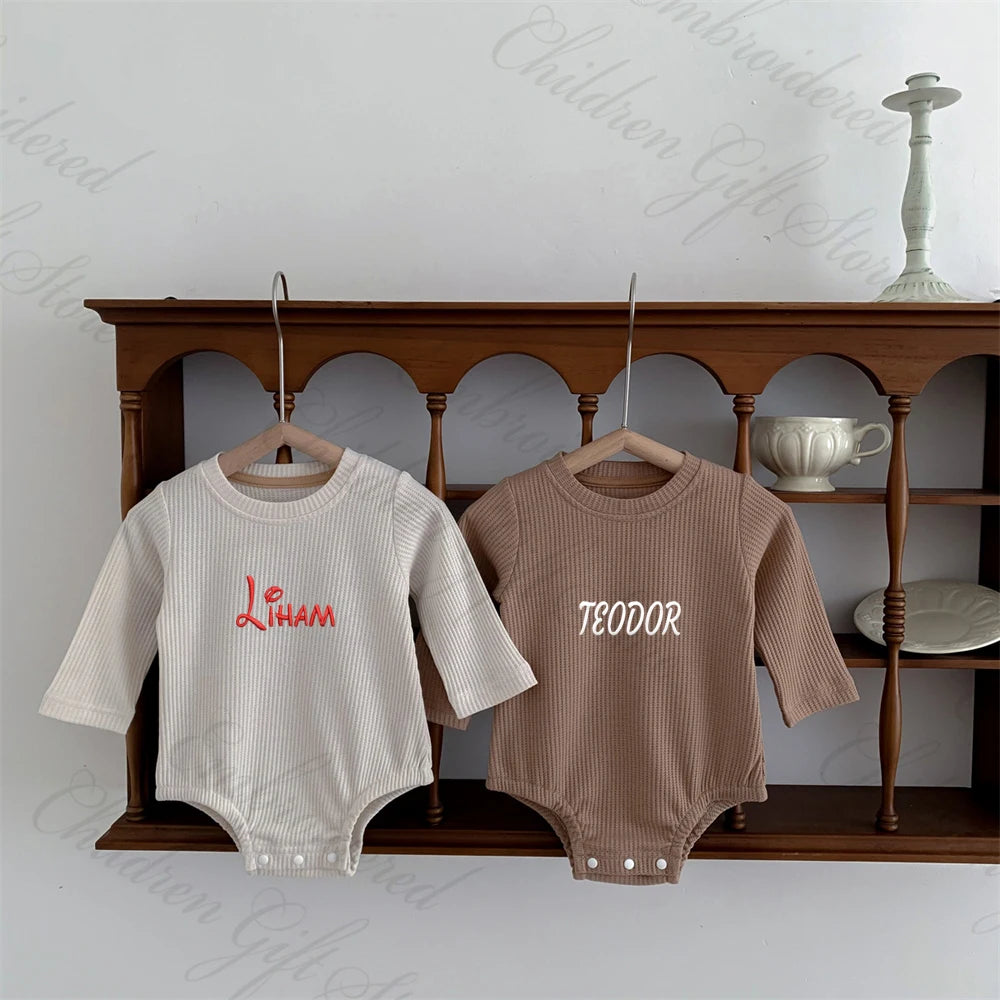 Customized Children's Clothing for Boys and Girls Personalized Name Solid Color Waffle Plaid Long Sleeve Newborn Soft Jumpsuits