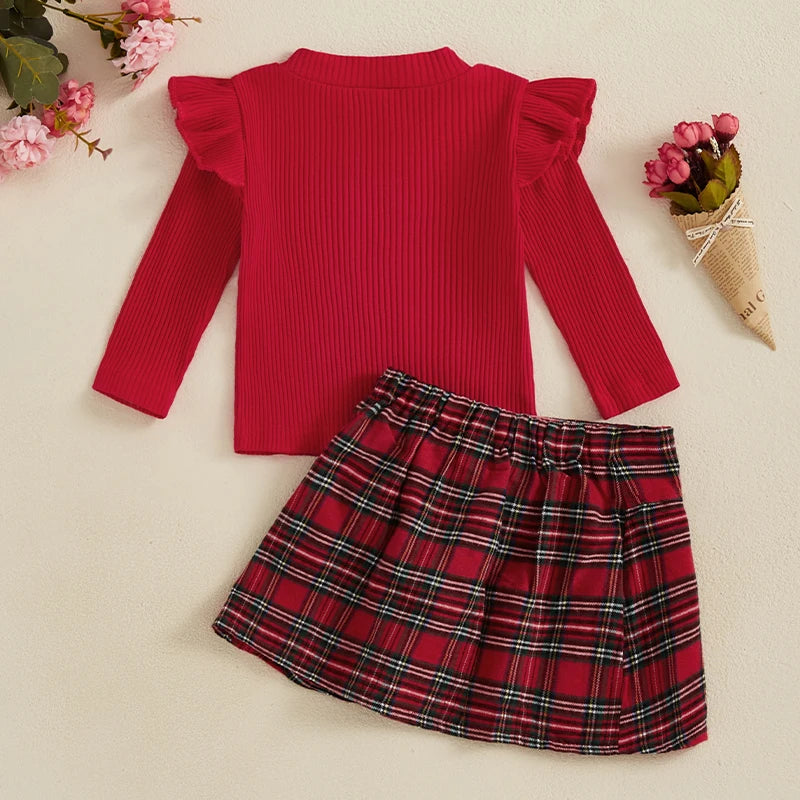 Autumn New Girl Fashion Clothes Set 2Pieces Suit Solid Ribbed Long Sleeve Shirt and Plaid Skirt Kids Sets Girls Clothes