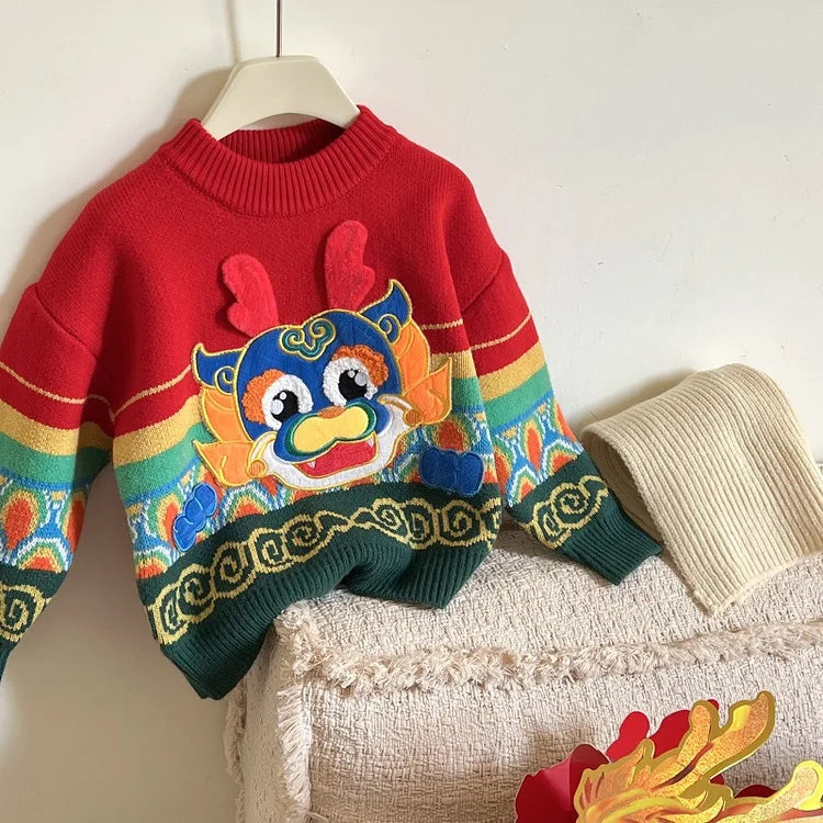 Children's Winter Sweater 2024 New Year Jacquard Top Baby Boys Girls Embroidered Dragon Personalized Knitted Shirt Top Clothing