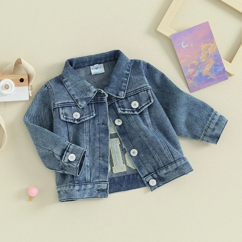 FOCUSNORM 0-5Y Toddler Kids Girls Sister Denim Jacket Outwear Long Sleeve Back Letter Embroidery Single Breasted Coats