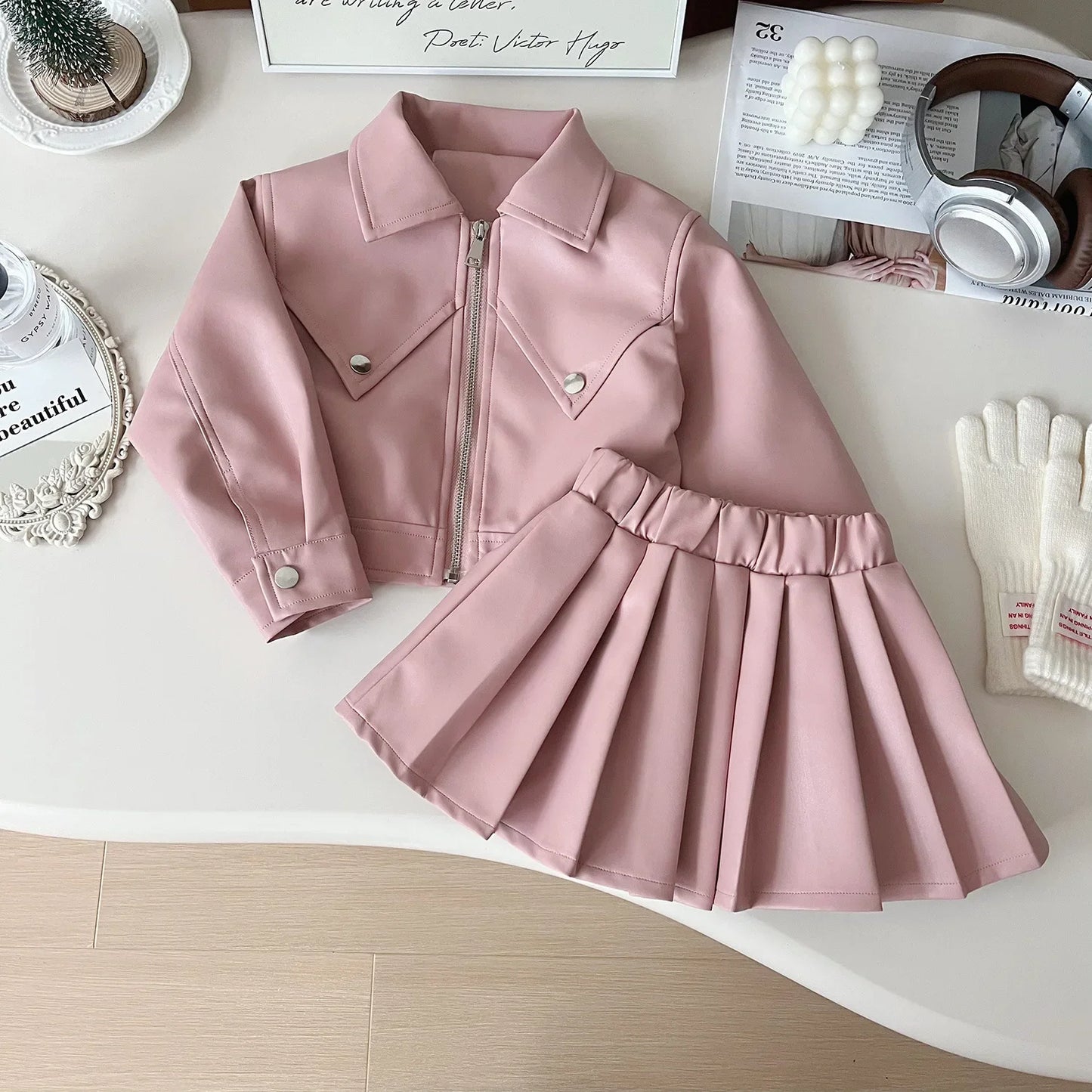 Two-piece Set for Girls Handsome Lapel Solid Leather Top + Solid Leather Pleated Skirt  Kids Clothes Girls  Toddler Girl Clothes