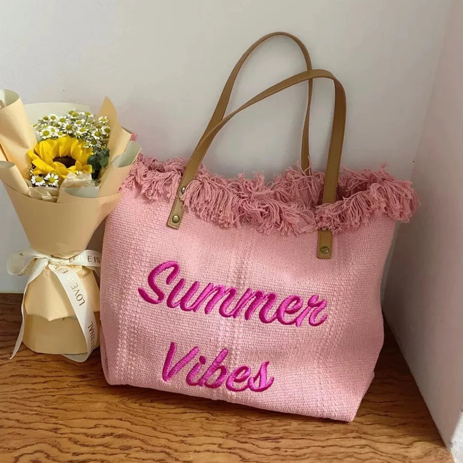 Embroidered  Canvas Women Handbags Large Tote Beach Bag Shopping Bags Underarm Shoulder Bag For Female Casual Top-handle Bags