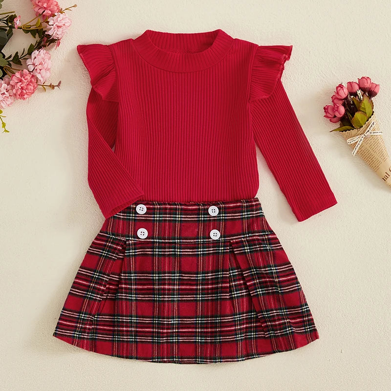 Autumn New Girl Fashion Clothes Set 2Pieces Suit Solid Ribbed Long Sleeve Shirt and Plaid Skirt Kids Sets Girls Clothes