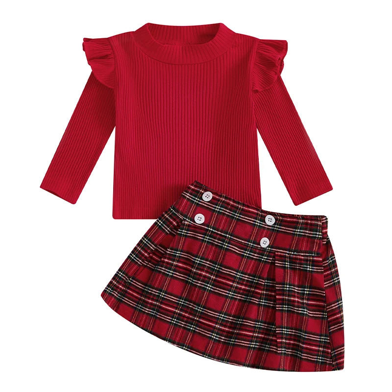 Autumn New Girl Fashion Clothes Set 2Pieces Suit Solid Ribbed Long Sleeve Shirt and Plaid Skirt Kids Sets Girls Clothes