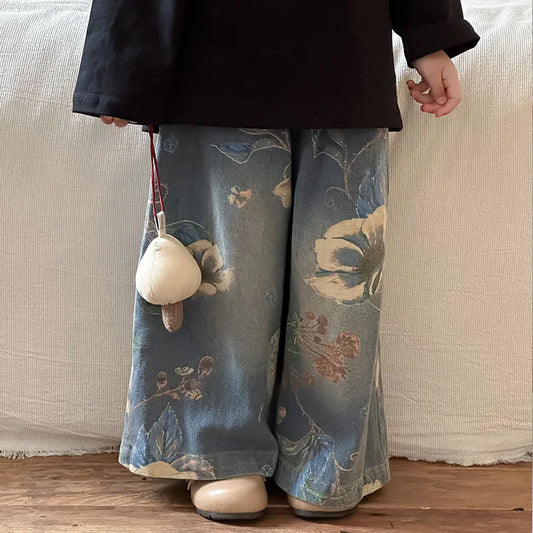 2-7Y Spring Autumn Children Girl New Jeans Loose Spliced Elastic Waist Baby Girl Wide Leg Pant Kid Girl Denim Straight Pant