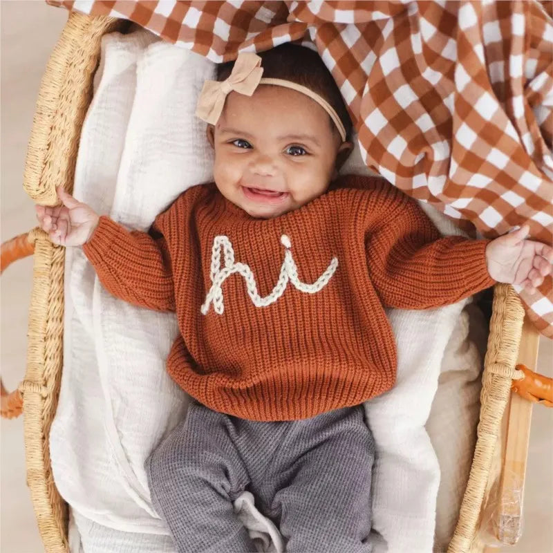 Fashion Baby Girl Boy Customized Letter Embroidery Cotton Sweater Infant Toddler Child Knitted Pullover Top Baby Clothes 0-7Y