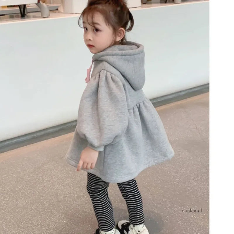 Children's Girls Sweatshirt Hooded Dress Fleece Thickened Plush Dresses Baby Autumn Winter New Kids Tops Clothes