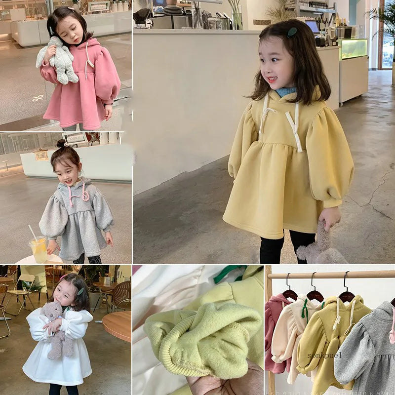 Children's Girls Sweatshirt Hooded Dress Fleece Thickened Plush Dresses Baby Autumn Winter New Kids Tops Clothes