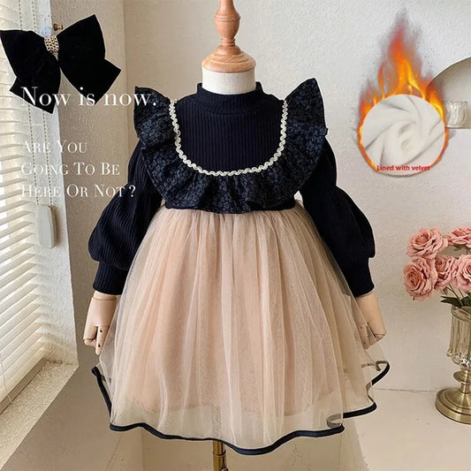 Children's Fleece-lined Princess Dress Autumn Winter 2022 New Style Girls Casual Dresses Kids Clothing Web Mesh Skirt