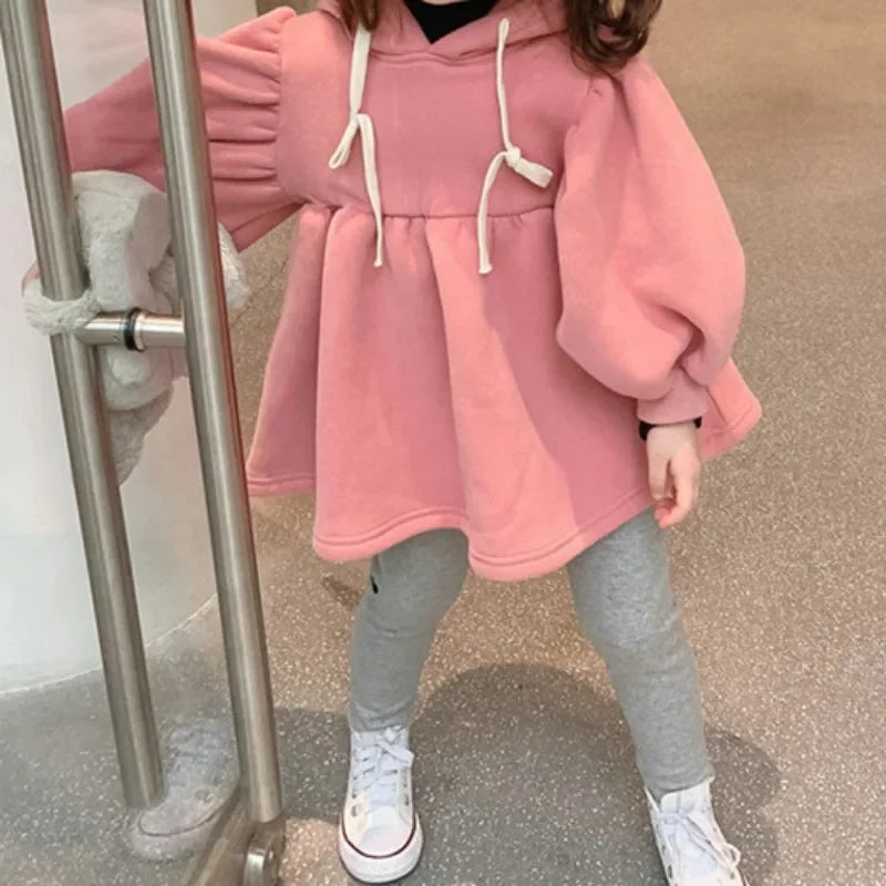 Children's Girls Sweatshirt Hooded Dress Fleece Thickened Plush Dresses Baby Autumn Winter New Kids Tops Clothes