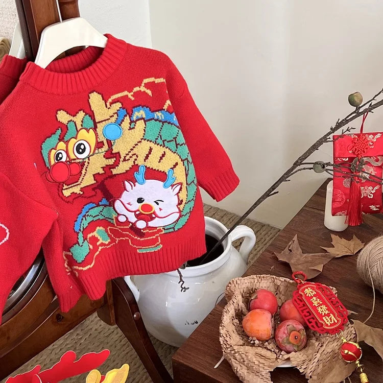 Children's Winter Sweater 2024 New Year Jacquard Top Baby Boys Girls Embroidered Dragon Personalized Knitted Shirt Top Clothing