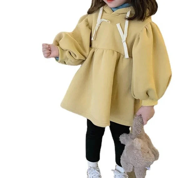 Children's Girls Sweatshirt Hooded Dress Fleece Thickened Plush Dresses Baby Autumn Winter New Kids Tops Clothes