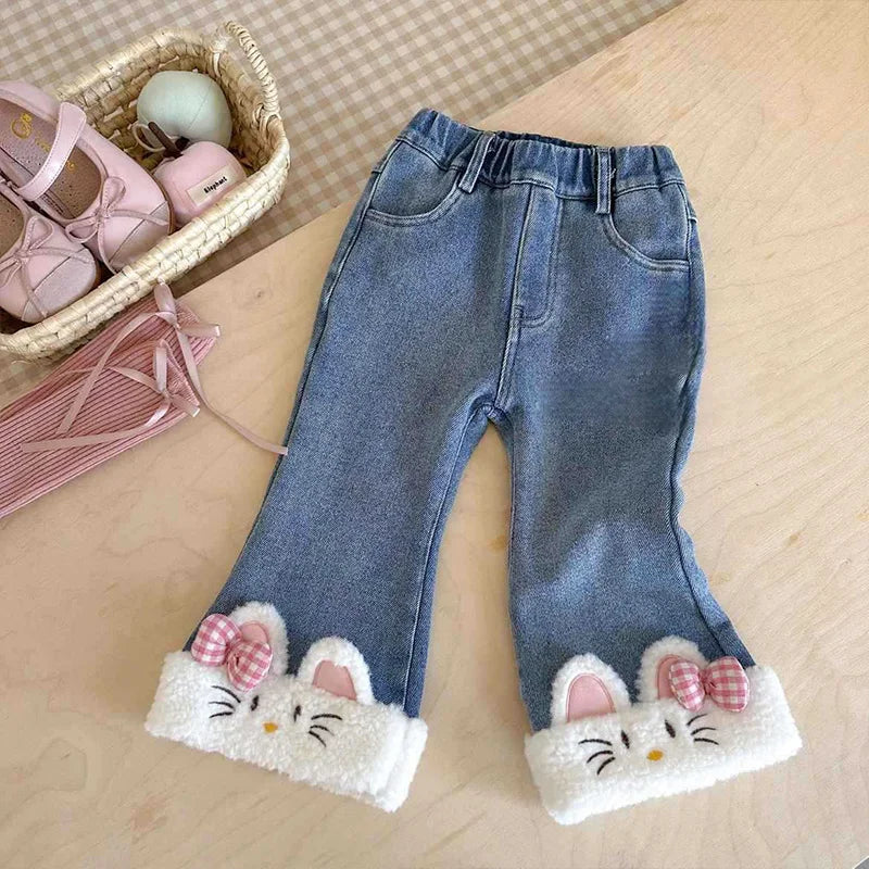 TheKylian Winter Chic: Girls’ Elastic Waist Denim Trousers for Casual Comfort (18M-6Y)