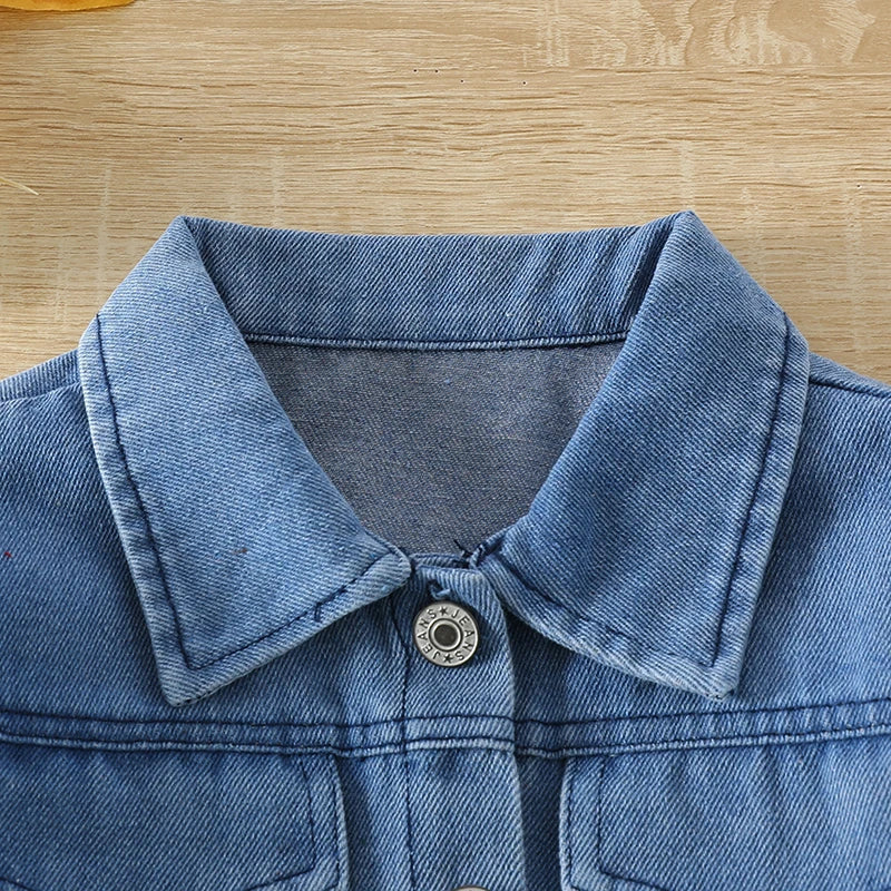 Autumn Fashion Kids Boy Girl Denim Jacket Back Letter Print Lapel Neck Long Sleeve Outerwear Front Button-up Fall Coats