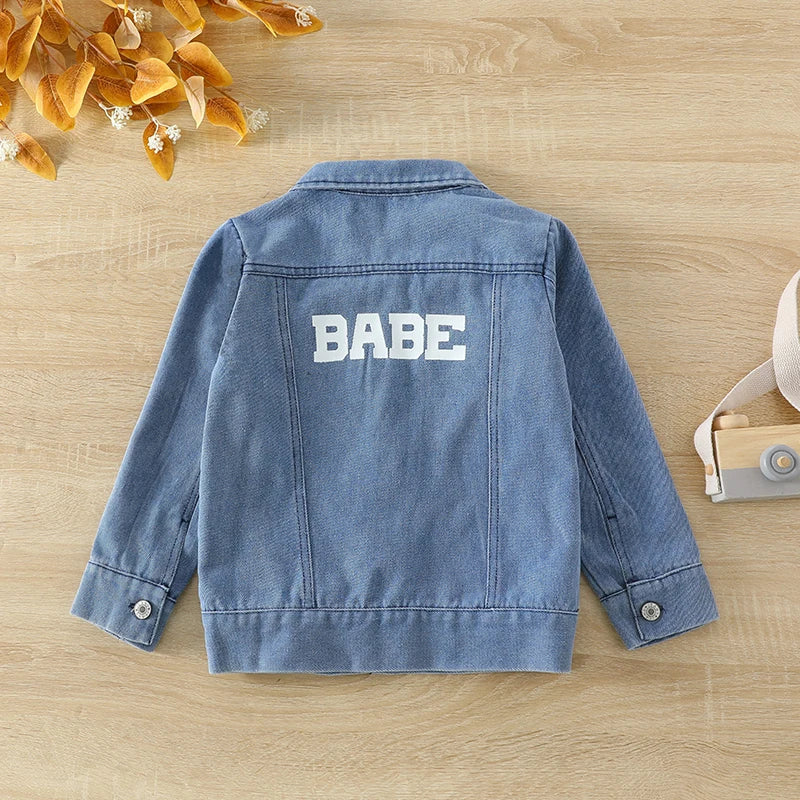 Autumn Fashion Kids Boy Girl Denim Jacket Back Letter Print Lapel Neck Long Sleeve Outerwear Front Button-up Fall Coats