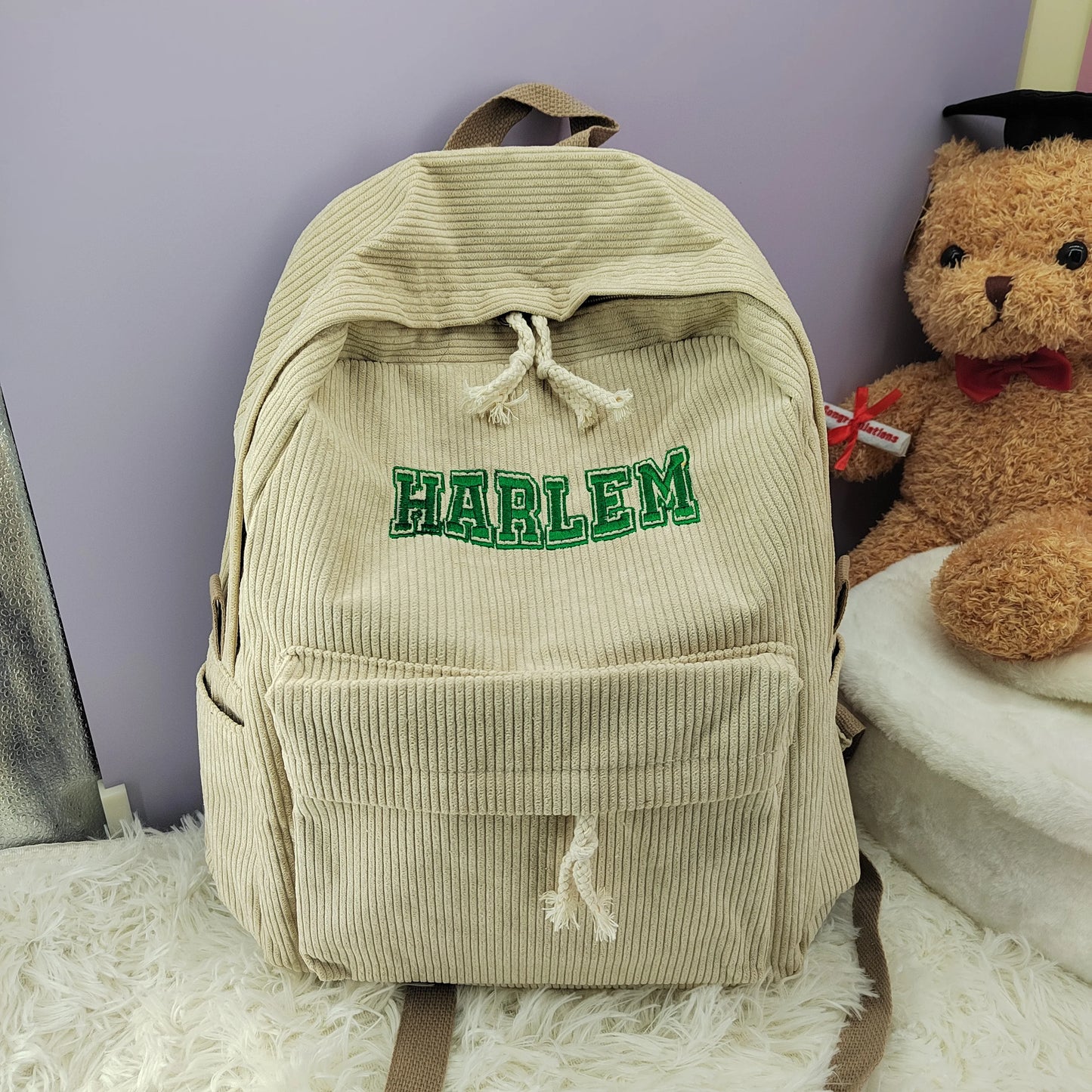 Personalised Corduroy Knapsack Custom Your Name Casual Backpack Unisex Classic Campus Portable Ultra Soft Handbag