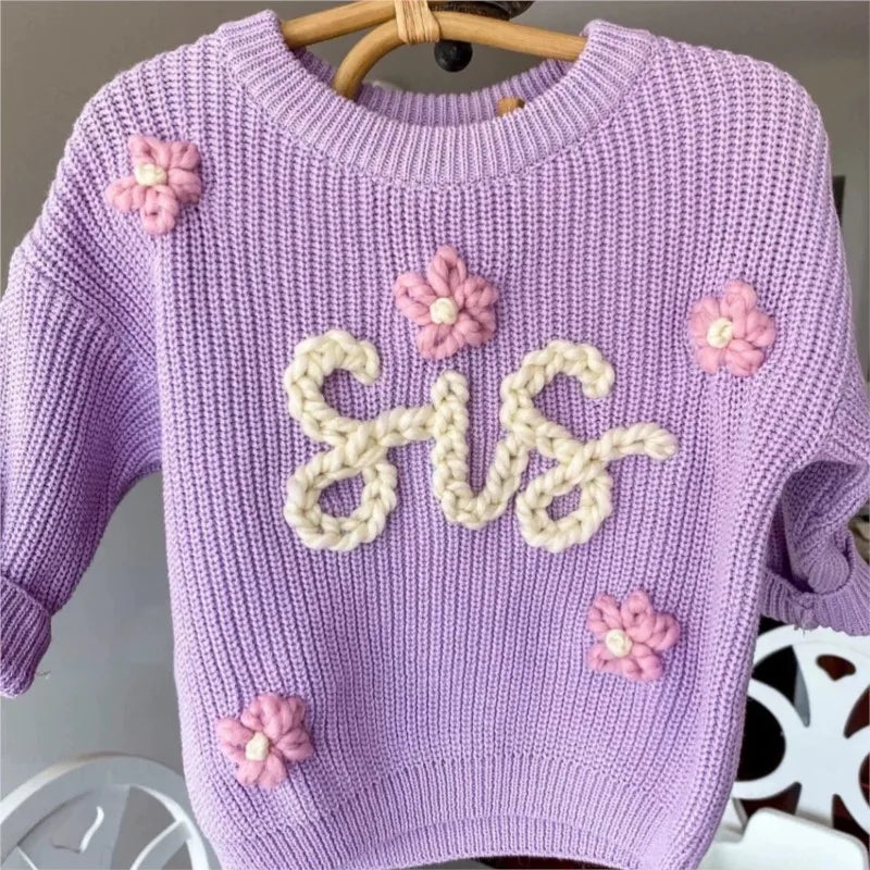 Fashion Baby Girl Boy Customized Letter Embroidery Cotton Sweater Infant Toddler Child Knitted Pullover Top Baby Clothes 0-7Y