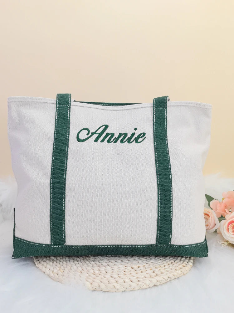 Large Capacity Canvas Tote Bag Custom Embroidered Name Tote Bag Ladies Boat Tote Bag Personalized Mommy Gift Shopping Totes