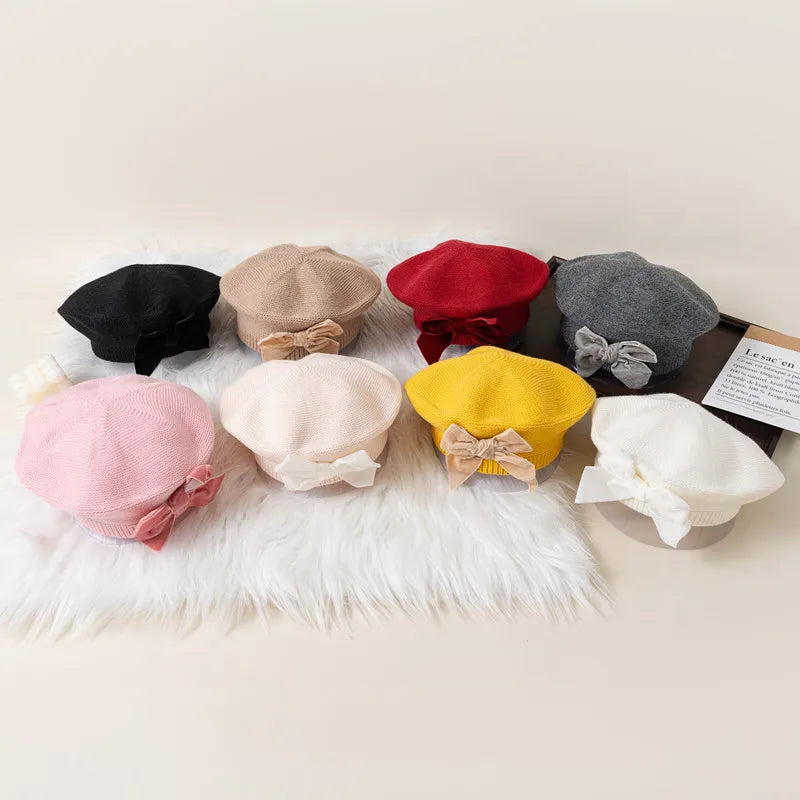 Autumn Winter Baby Girls Warm Bowknot Knitted Hats Children Beret Beanie Hat Solid Hat Soft Comfortable Kids Bonnet For 2-8Years