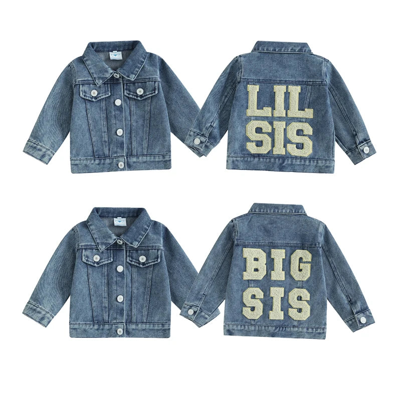 FOCUSNORM 0-5Y Toddler Kids Girls Sister Denim Jacket Outwear Long Sleeve Back Letter Embroidery Single Breasted Coats