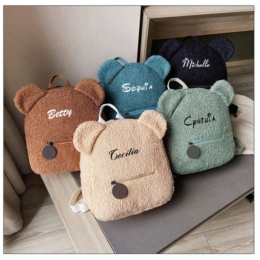 Personalised Womens Girls Cute Bear Pattern Backpack Gift Plush Toddler Backpack for girls Custom Name Small Casual Shoulder