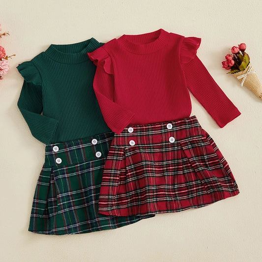 Autumn New Girl Fashion Clothes Set 2Pieces Suit Solid Ribbed Long Sleeve Shirt and Plaid Skirt Kids Sets Girls Clothes