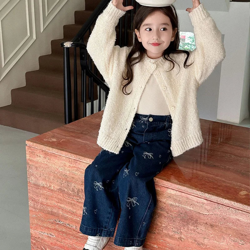 2-8Y Girls Denim Pants Jeans Pants Printing Bow Dotted Loose Style Autumn New Style Jeans