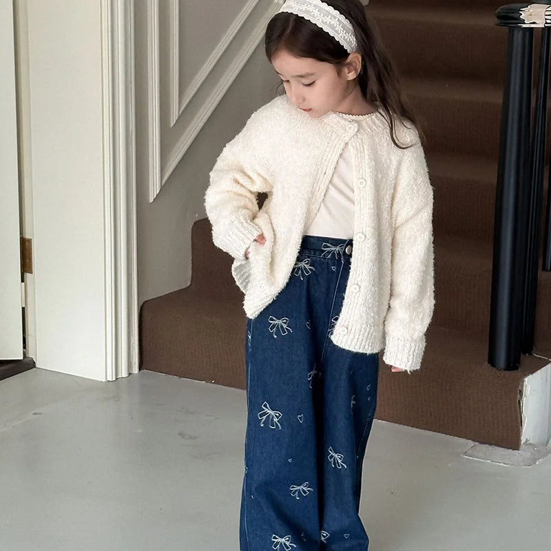 2-8Y Girls Denim Pants Jeans Pants Printing Bow Dotted Loose Style Autumn New Style Jeans