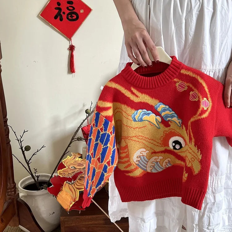 Children's Winter Sweater 2024 New Year Jacquard Top Baby Boys Girls Embroidered Dragon Personalized Knitted Shirt Top Clothing