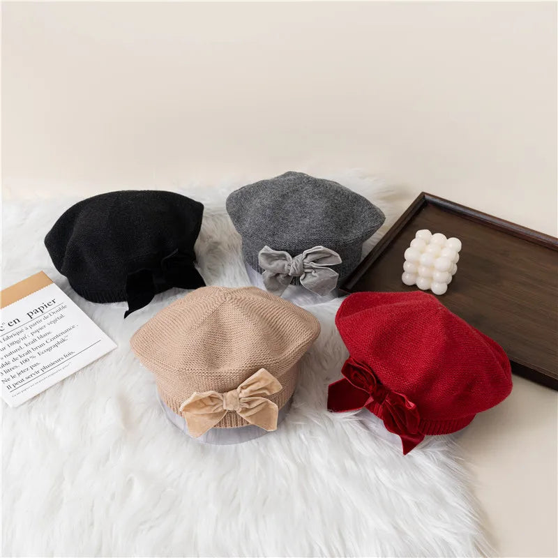 Autumn Winter Baby Girls Warm Bowknot Knitted Hats Children Beret Beanie Hat Solid Hat Soft Comfortable Kids Bonnet For 2-8Years