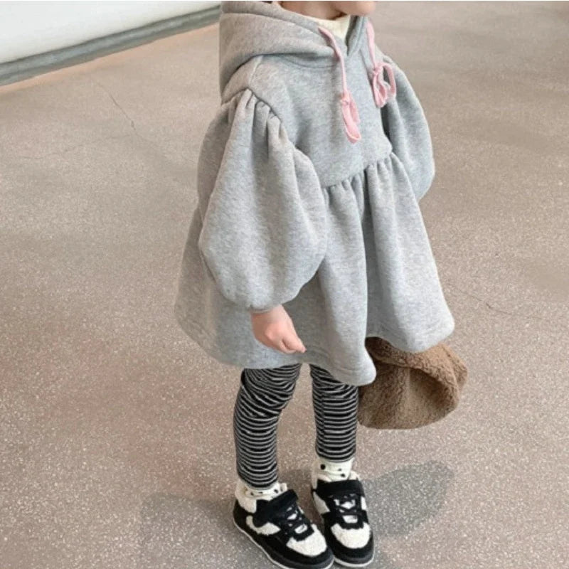 Children's Girls Sweatshirt Hooded Dress Fleece Thickened Plush Dresses Baby Autumn Winter New Kids Tops Clothes