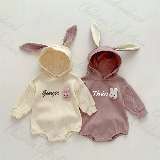 TheKylian Bunny Bliss: Personalized Hooded Baby Jumpsuits for Autumn (0-2 Years)