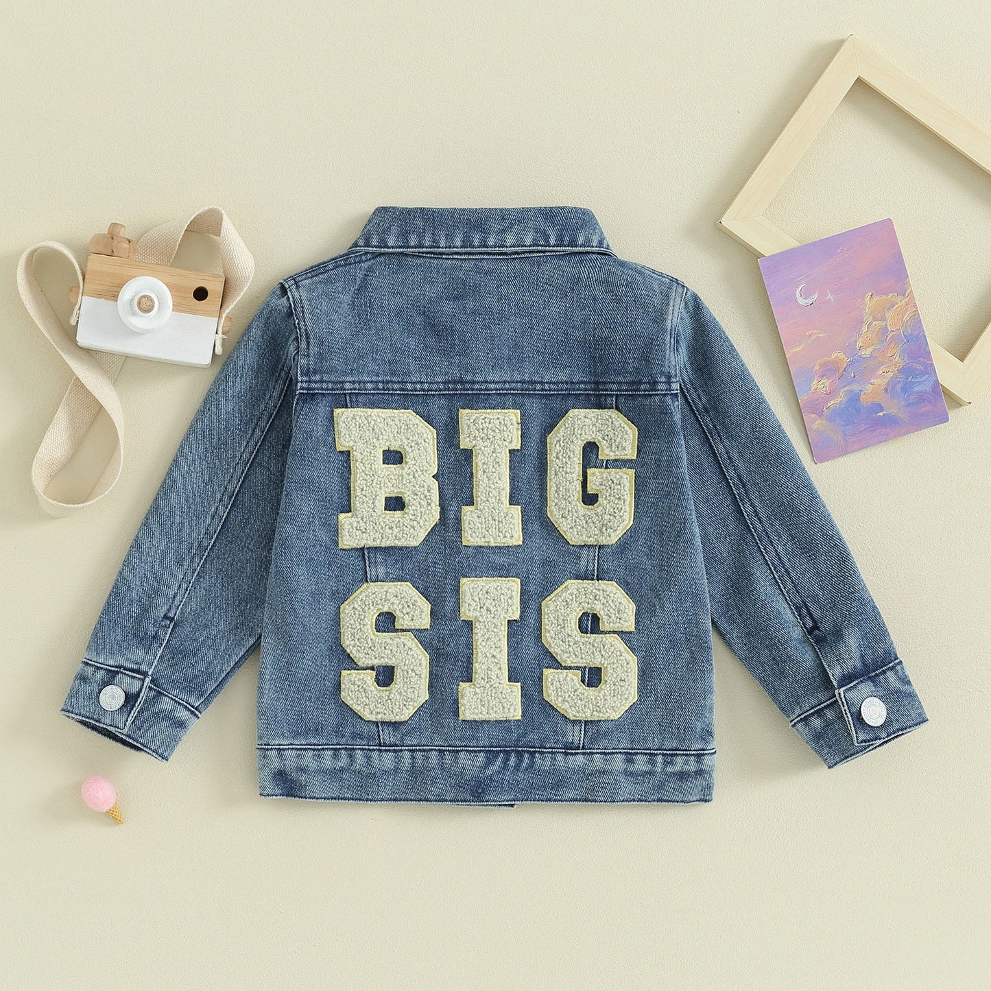 FOCUSNORM 0-5Y Toddler Kids Girls Sister Denim Jacket Outwear Long Sleeve Back Letter Embroidery Single Breasted Coats