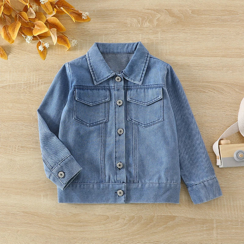 Autumn Fashion Kids Boy Girl Denim Jacket Back Letter Print Lapel Neck Long Sleeve Outerwear Front Button-up Fall Coats