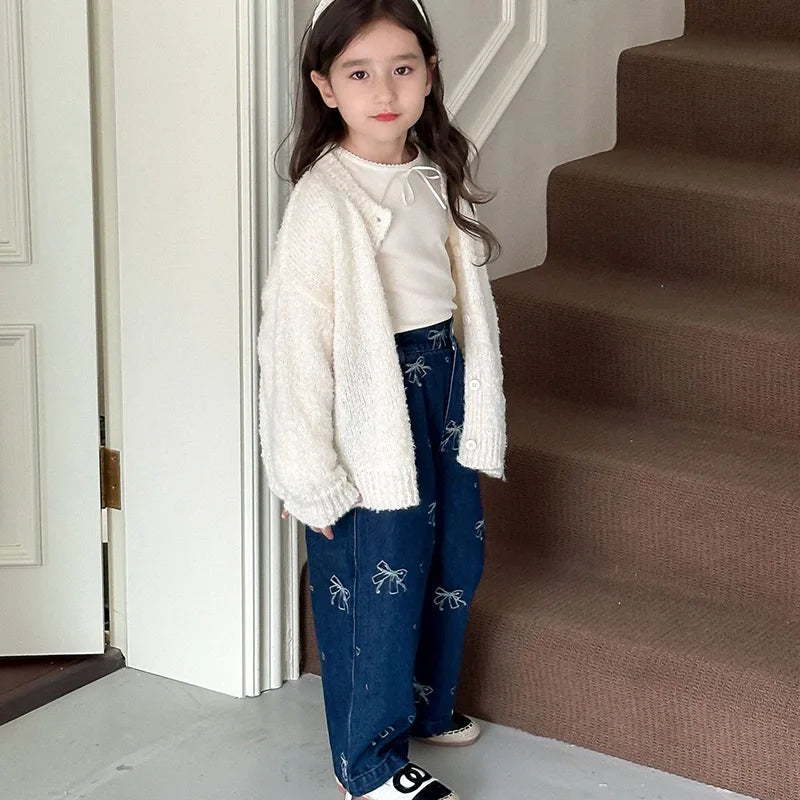 2-8Y Girls Denim Pants Jeans Pants Printing Bow Dotted Loose Style Autumn New Style Jeans