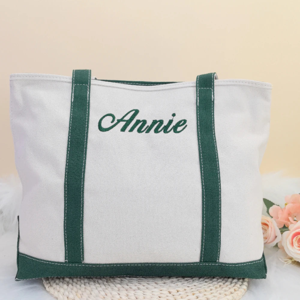 Large Capacity Canvas Tote Bag Custom Embroidered Name Tote Bag Ladies Boat Tote Bag Personalized Mommy Gift Shopping Totes