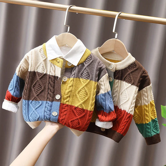 Hot Children's Personalized Color Contrast Knitted Cardigan Boys & Girls Spring Fall Knitwear Toddlers Baby Kids Vintage Sweater