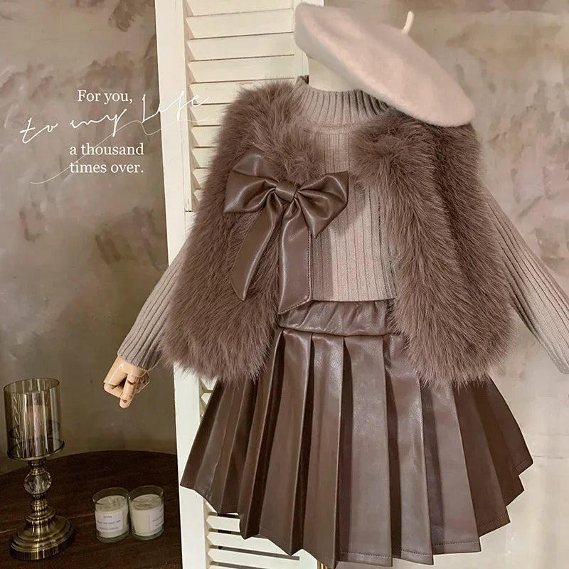 Winter Girls Clothing Sets Autumn Knitted Pullover+Faux Fur Vest +plush Leather Skirt Princess Party Children Clothes Suits 2-7Y