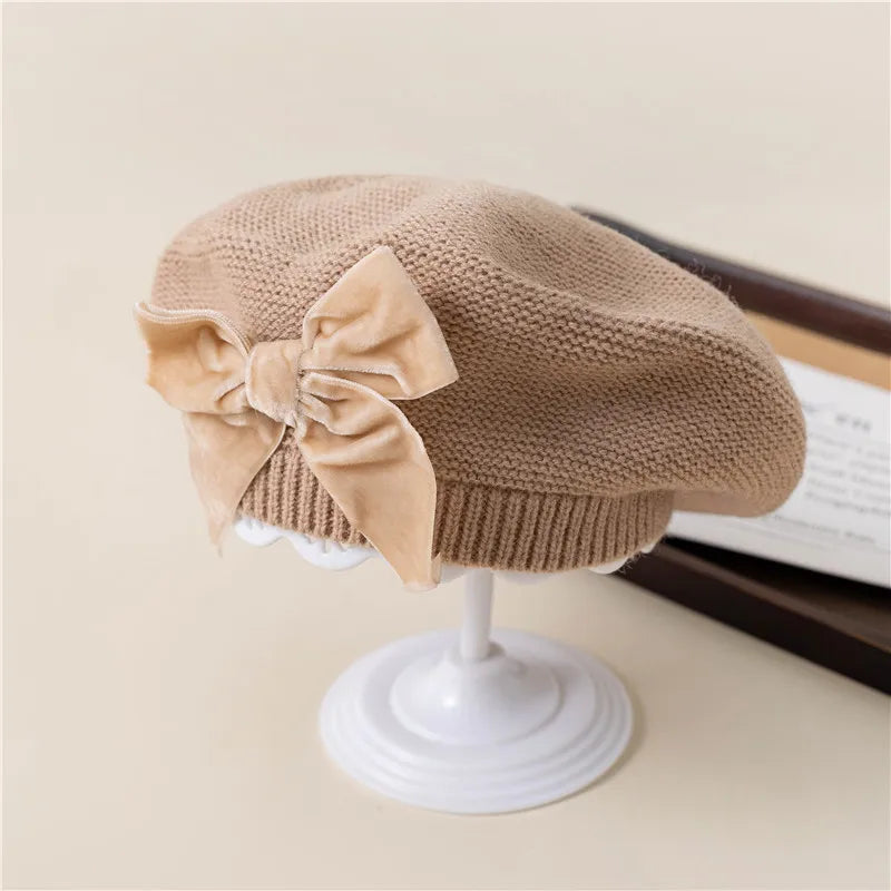 Autumn Winter Baby Girls Warm Bowknot Knitted Hats Children Beret Beanie Hat Solid Hat Soft Comfortable Kids Bonnet For 2-8Years