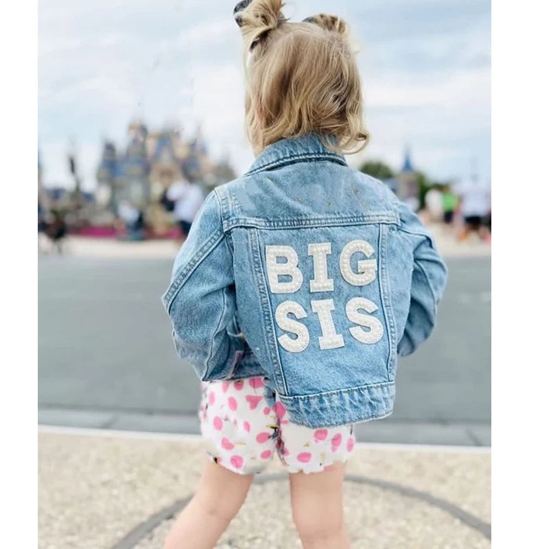 FOCUSNORM 0-5Y Toddler Kids Girls Sister Denim Jacket Outwear Long Sleeve Back Letter Embroidery Single Breasted Coats