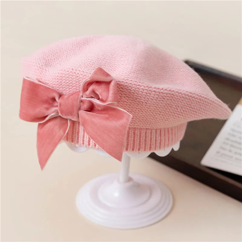 Autumn Winter Baby Girls Warm Bowknot Knitted Hats Children Beret Beanie Hat Solid Hat Soft Comfortable Kids Bonnet For 2-8Years