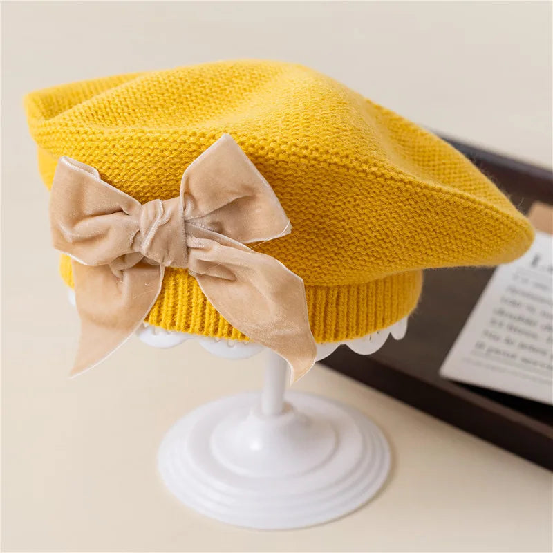 Autumn Winter Baby Girls Warm Bowknot Knitted Hats Children Beret Beanie Hat Solid Hat Soft Comfortable Kids Bonnet For 2-8Years